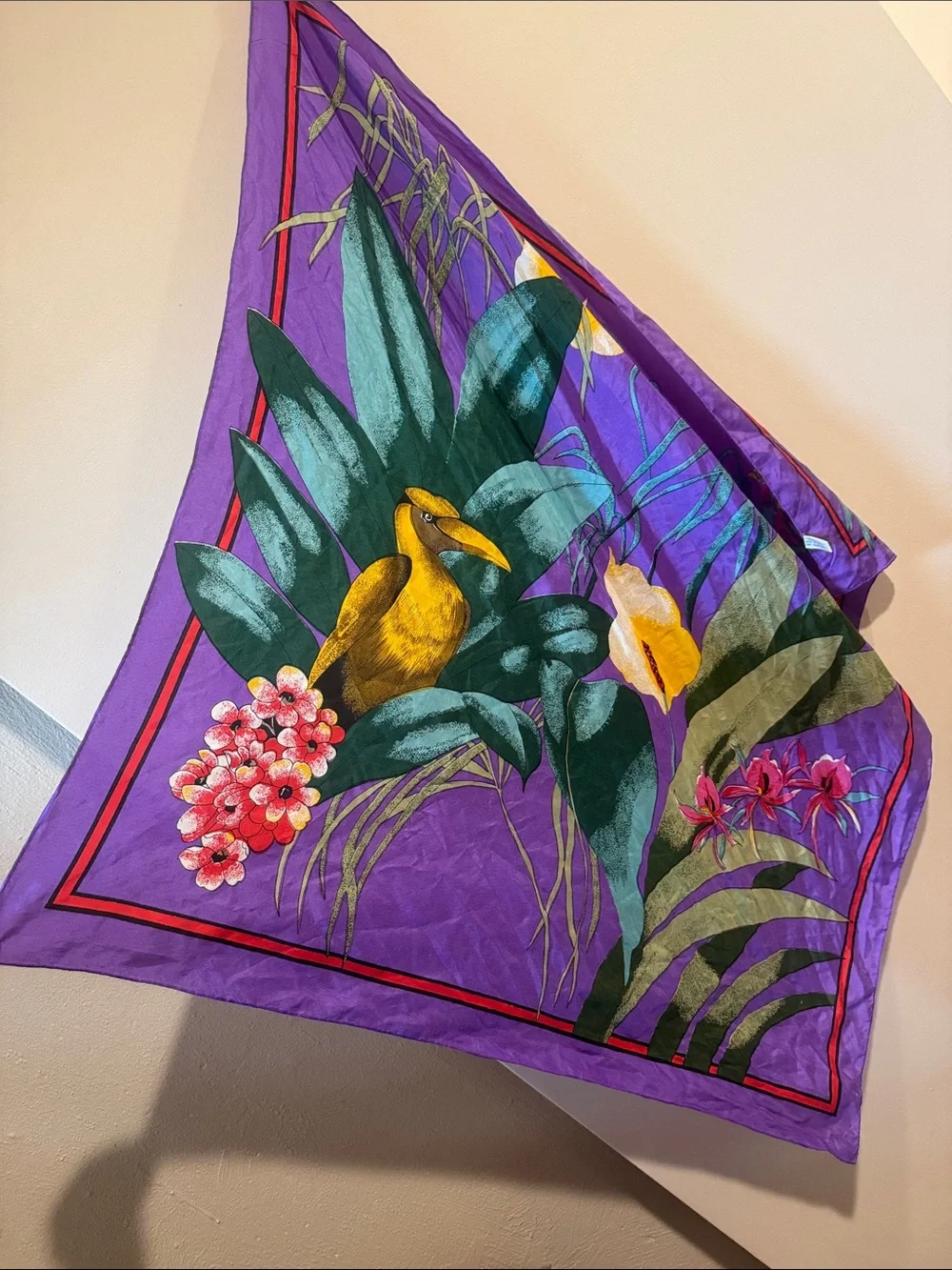 Vintage 1980s Tropical Bird & Floral Purple Silk Scarf